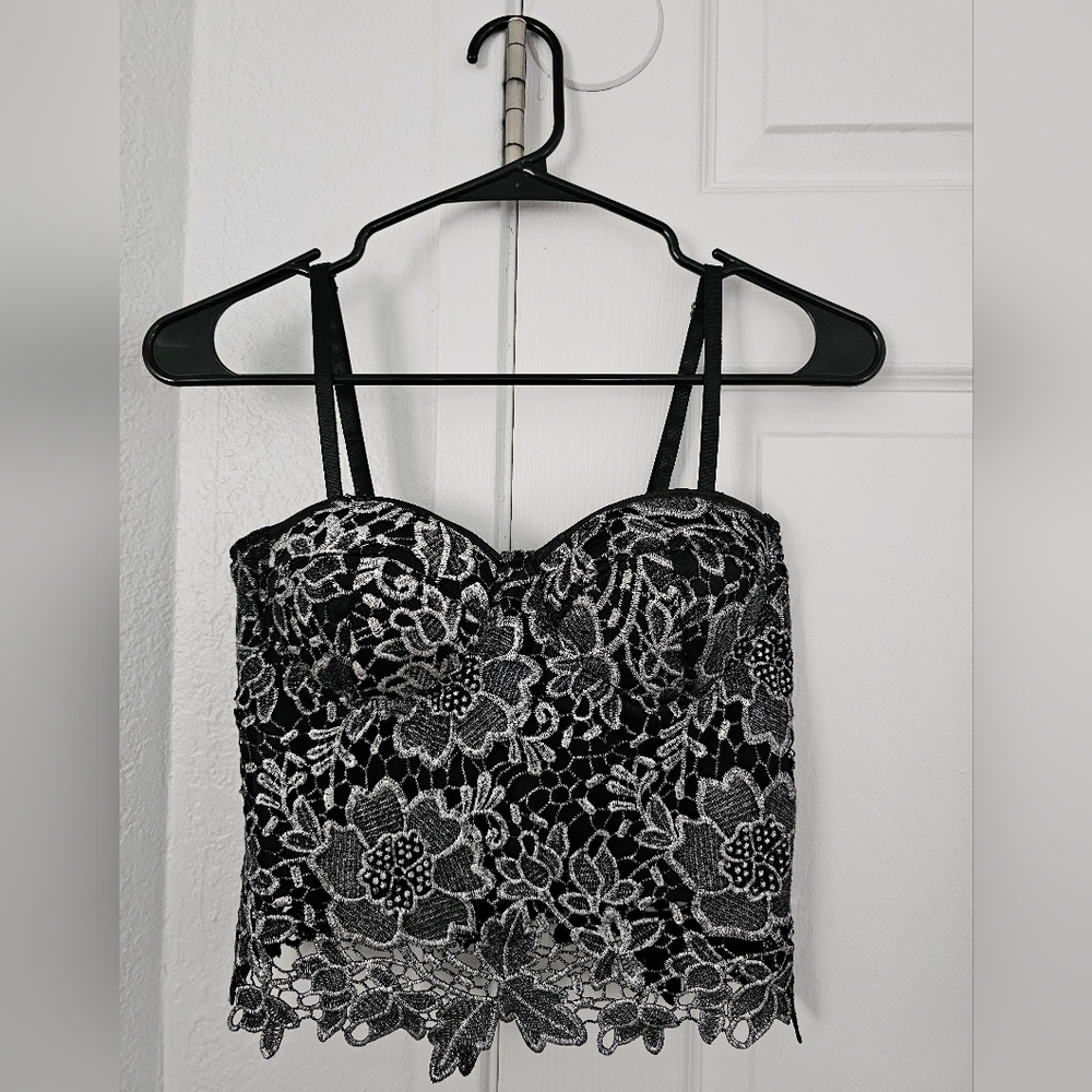 Black Lace Floral Bustier Crop Top